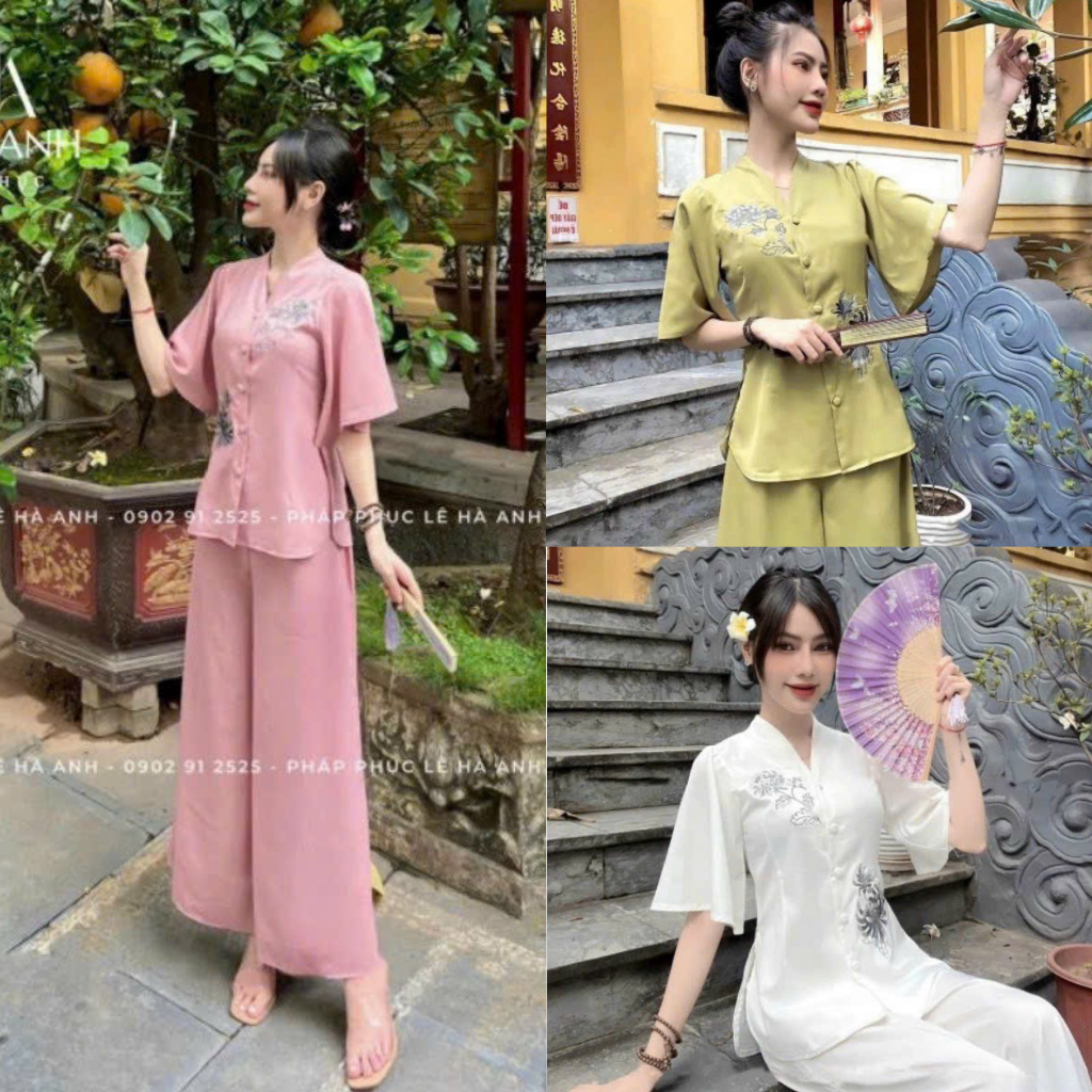 Set bộ đồ bà ba áo thêu hoa bọc nút tay rớt mix quần ống rộng cùng tone dành cho các tình yêu đi chùa, đi hội đền