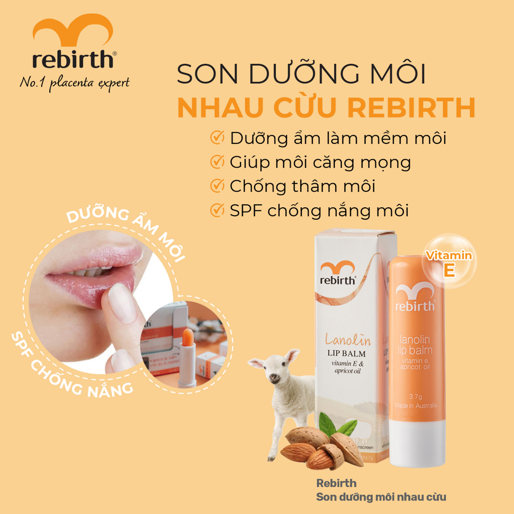 Son dưỡng ẩm nhau thai cừu Rebirth Lanolin Lip Balm with Vitamin E & Apricot Oil (3.7g)