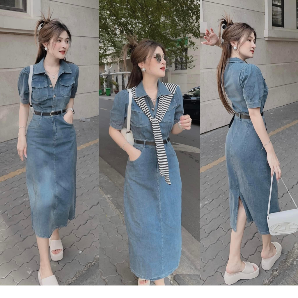 Đầm váy jeans nữ dáng dài cổ sơ mi tay phồng phối nịt đai kèm khăn choàng sọc sang chảnh, siêu xinh dành cho các nàng