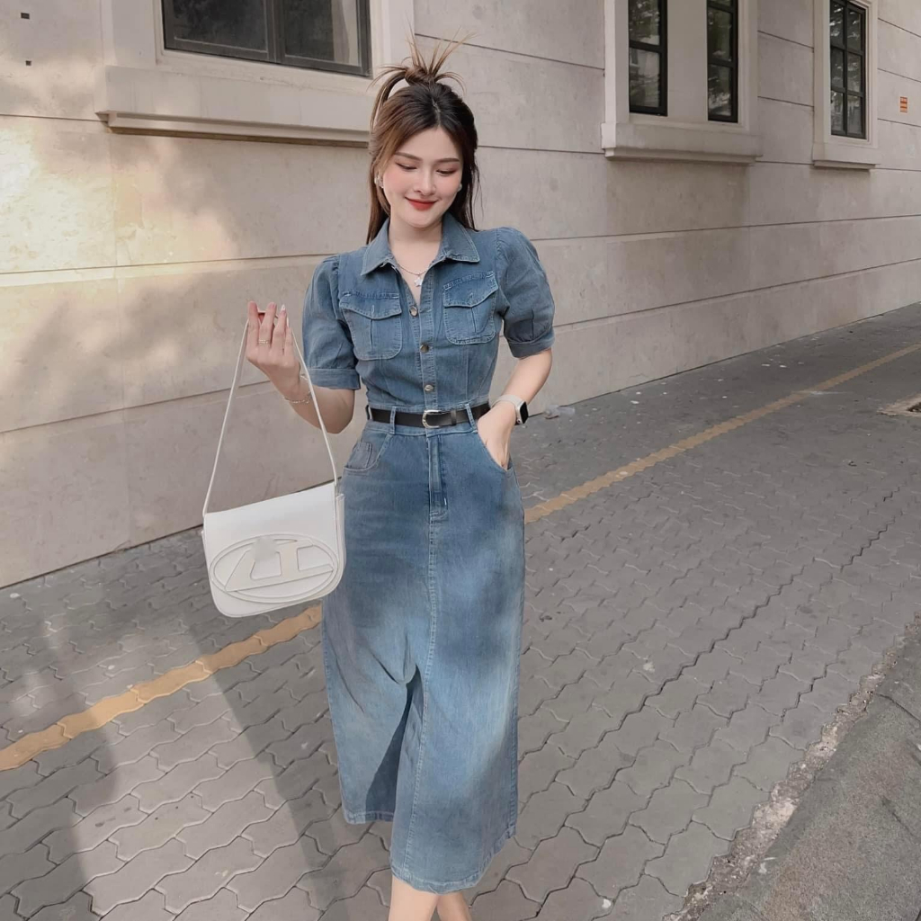 Đầm váy jeans nữ dáng dài cổ sơ mi tay phồng phối nịt đai kèm khăn choàng sọc sang chảnh, siêu xinh dành cho các nàng