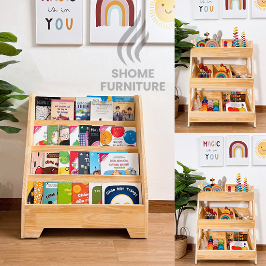 Kệ giá sách cho bé đa năng thông minh trang trí phòng học gỗ thông tự nhiên HÀNG LẮP SẴN.