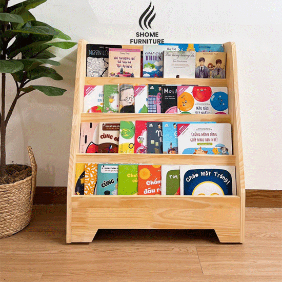 Kệ giá sách cho bé đa năng thông minh trang trí phòng học gỗ thông tự nhiên HÀNG LẮP SẴN.