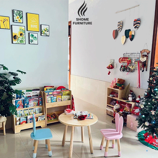 Kệ giá sách cho bé đa năng thông minh trang trí phòng học gỗ thông tự nhiên HÀNG LẮP SẴN.