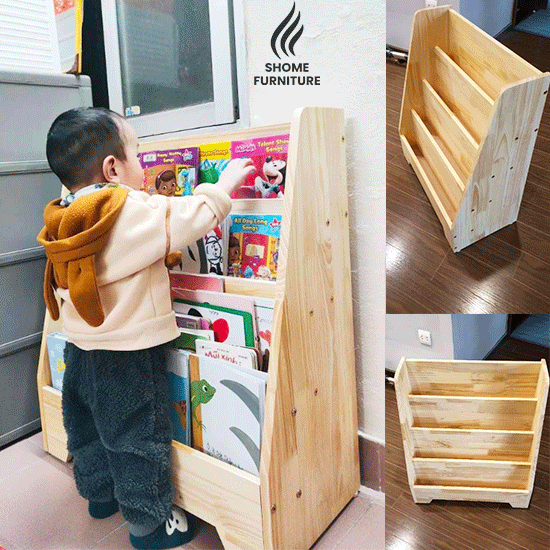 Kệ giá sách cho bé đa năng thông minh trang trí phòng học gỗ thông tự nhiên HÀNG LẮP SẴN.