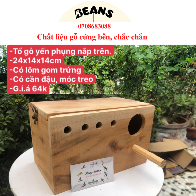 Tổ gỗ dành cho chim yến phụng nắp trên 7/3 có lõm gom trứng kèm cần đậu và móc treo
