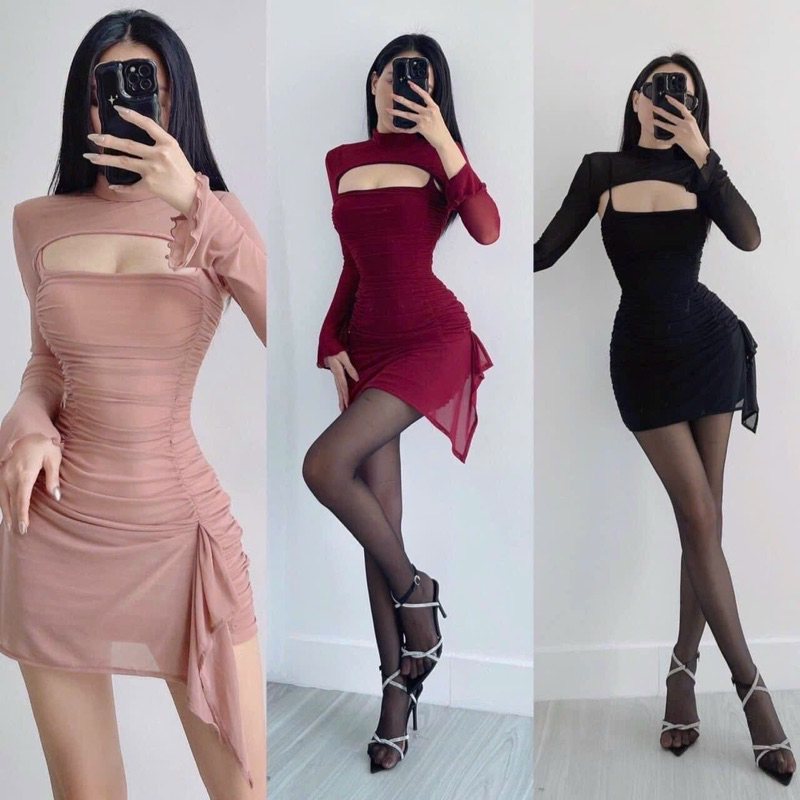 Đầm Body 2 Dây Phối Áo Lưới Tay Dài Đầm Body Dáng Ngắn Thun Lưới Sang chảnh Đầm Sexy Đầm Đi Tiệc Cho Nữ ATN CLOTHING