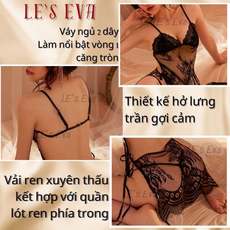 Váy ngủ 2 dây ren sexy, Đầm ngủ lưới mềm mịn cao cấp xuyên thấu hở lưng xẻ tà dây rút siêu quyến rũ 2260 - LESEVA STORE | BigBuy360 - bigbuy360.vn