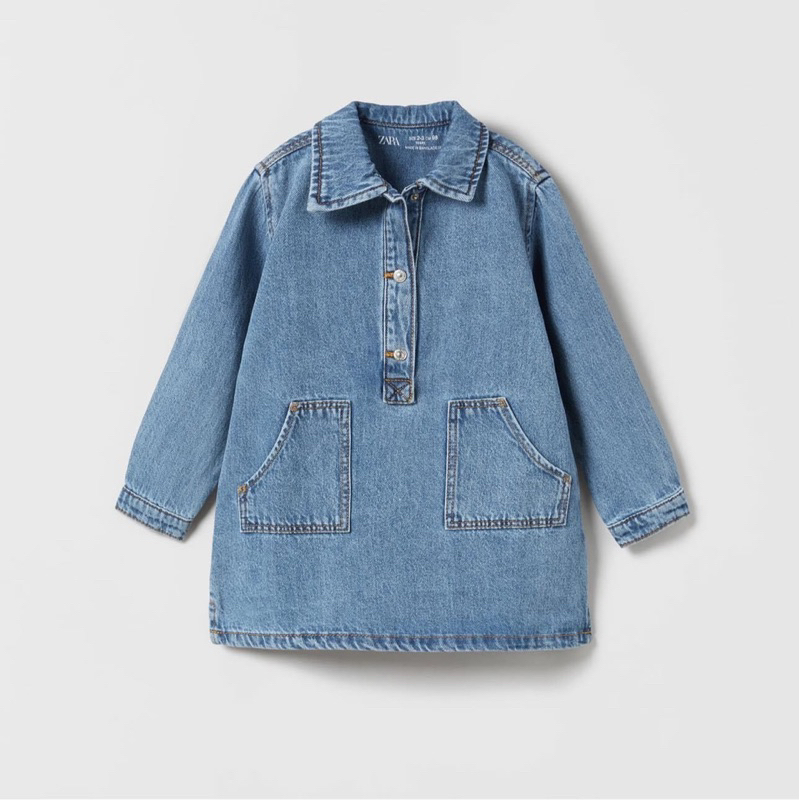 Váy bò z.a.ra xuất dư bé gái mẫu suông dài tay mặc thử cực xinh, đầm Jeans trơn bé gái cổ bẻ sơ mi màu xanh dễ mặc