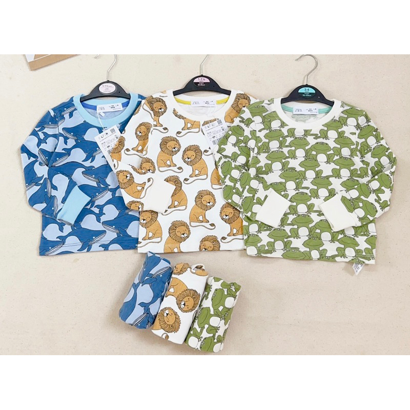 Set 3 bộ dài tay thu đông bé trai bé gái mặc nhà đi học đi chơi đều thoải mái họa tiết sư tử , ếch, cá heo màu sắc đẹp