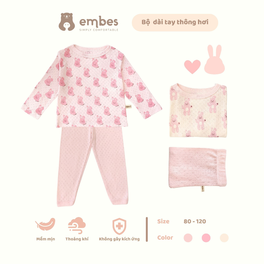 Bộ thu đông cho bé gái, bộ dài tay cho bé gái Embes từ 9-19kg