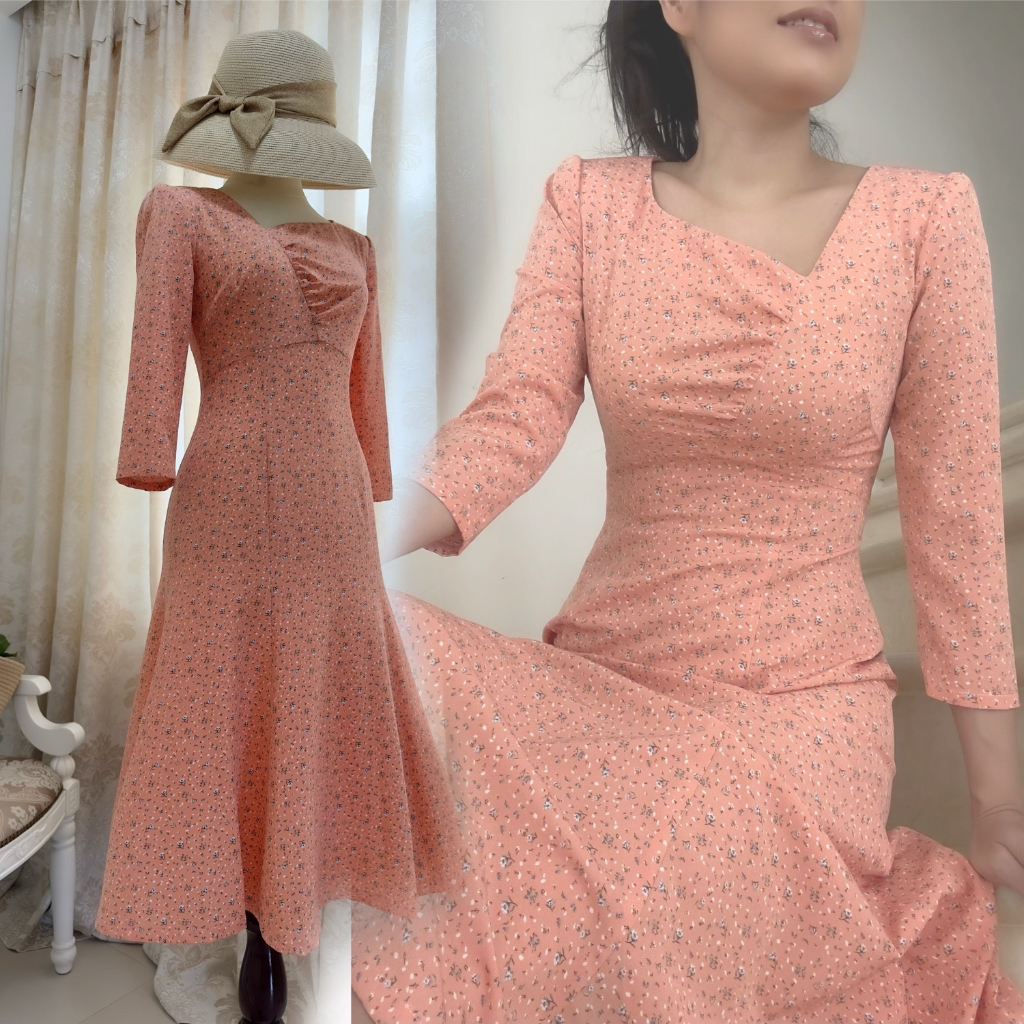 Đầm Midi cổ xéo dún ngực , tay lửng, dáng đuôi cá _ D3.852 _ Cam Bông Nhí