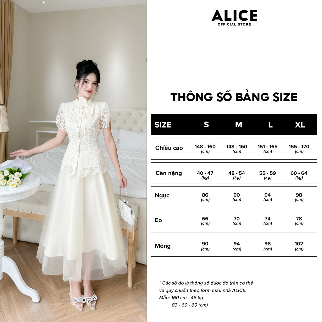 Set Váy Tiểu Thư Áo Sơ Mi Ren Xếp Ly Ngực Kèm Hoa ALICE Chân Váy Lưới Xoè 3 Lớp Thanh Lịch, Phong Cách Công Sở S357