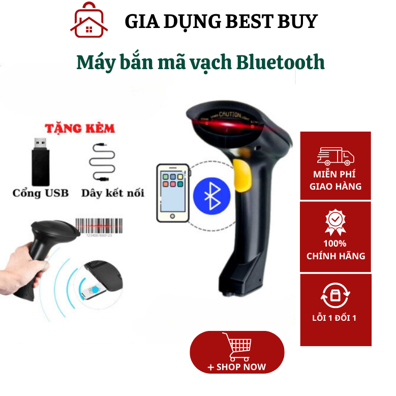 Máy bắn mã vạch không dây kết nối Bluetooth dùng trên điện thoại, máy tính, hàng chín hãng - Bảo hành 12 tháng