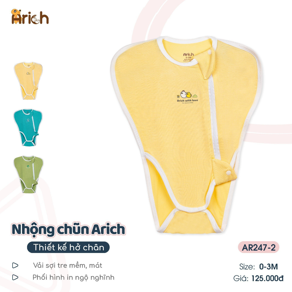 Nhộng chũn hở chân Arich vải sợi tre cao cấp từ newborn -3 tháng