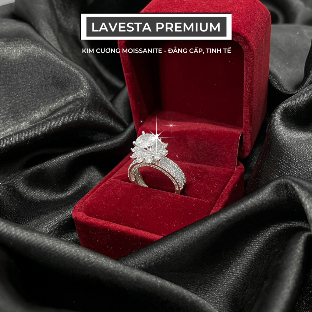 Nhẫn kim cương nữ bạc nguyên chất nhân tạo Moissanite 7 ly kiểm định GRA KC04 Lavesta mặt đài hoa
