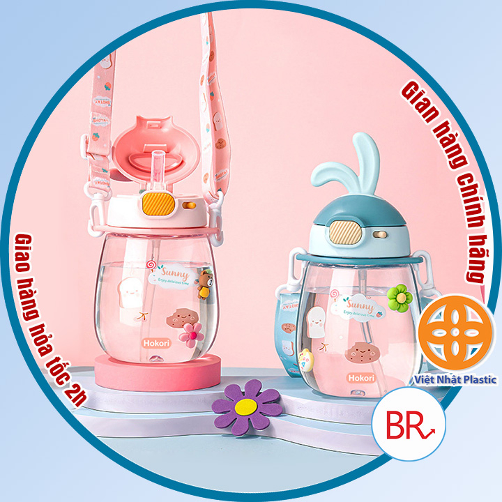 Bình tập uống nước cho bé Hokori Việt Nhật , Bình nước tai thỏ có quai đeo, tay cầm chắc chắn giá rẻth07
