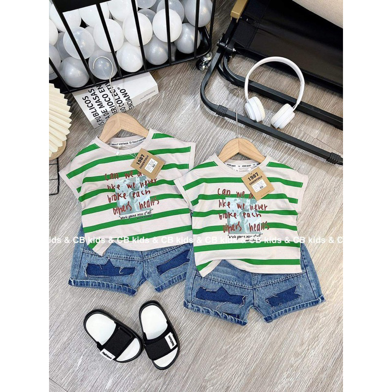 Bộ bé trai,Sét áo kẻ xanh quần jean bò cho bé 10 đến 20kg B0221