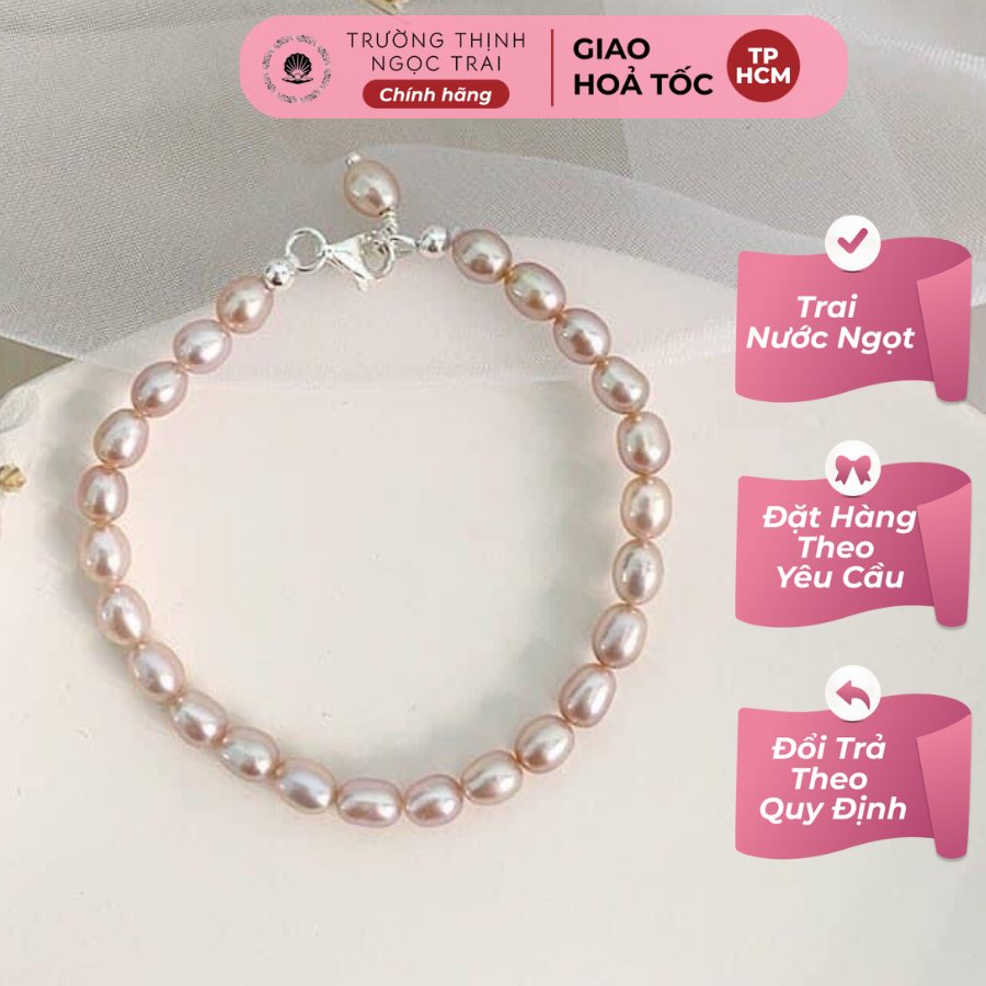 Vòng Tay Ngọc Trai hạt hồng 7ly Khóa Bạc - Ngọc Trai Trường Thịnh