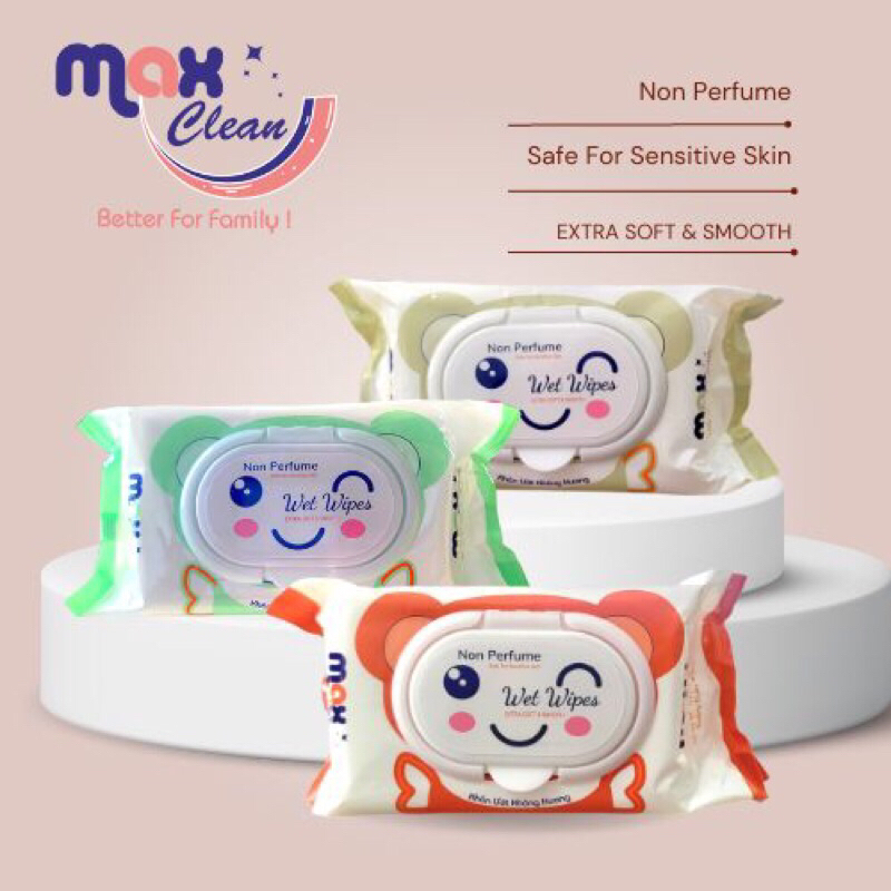 Combo 3 gói khăn ướt Max Clean 180gr, không hương màu ngẫu nhiên