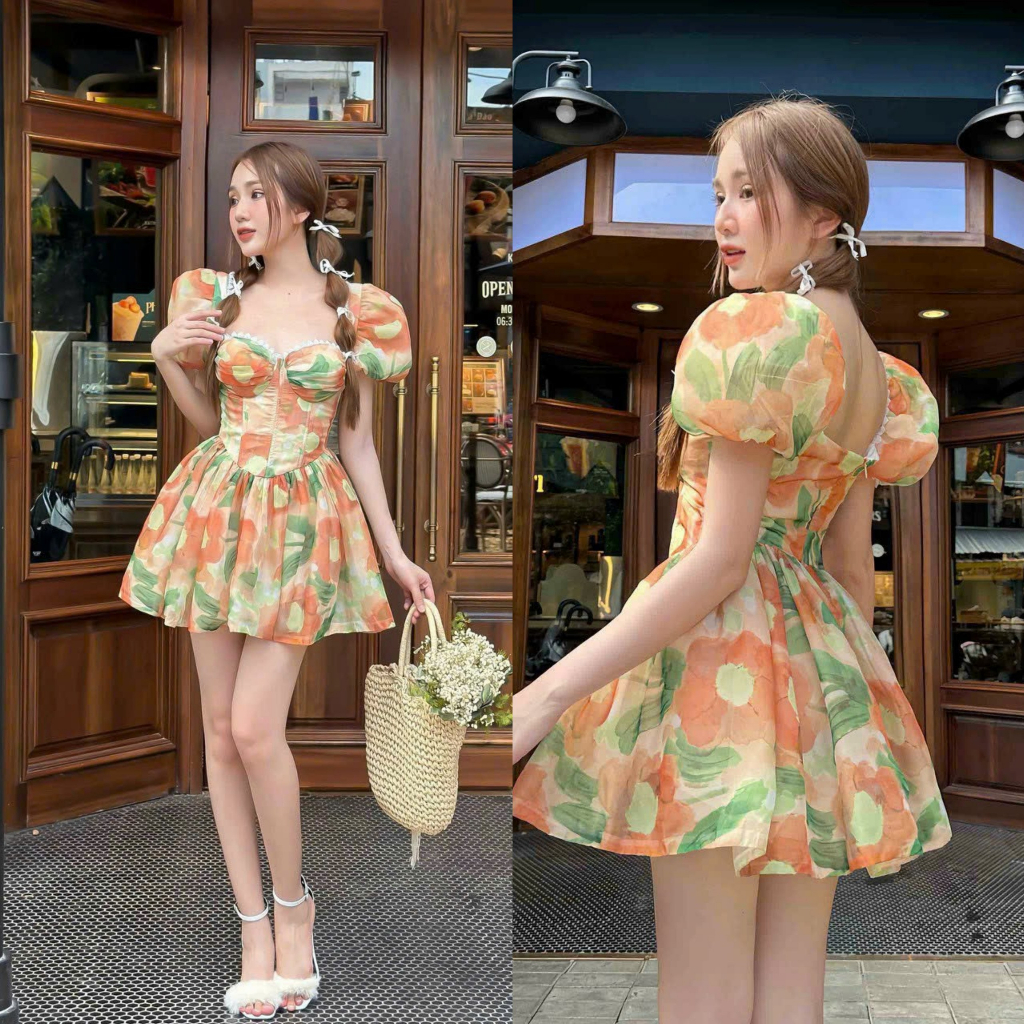 Đầm voan hoa công chúa dáng xòe dập ly phối họa tiết bông có mút ngực cá tính, duyên dáng, đáng yêu [999]