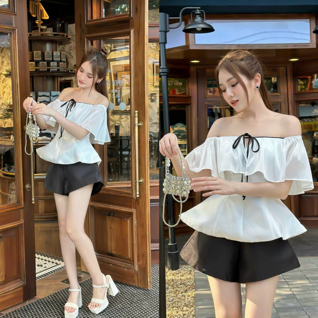 Set đồ bộ áo phối bèo kèm mút dáng xòe mix quần tapta ống rộng phù hợp cho nàng đi chơi, dạo phố [959]