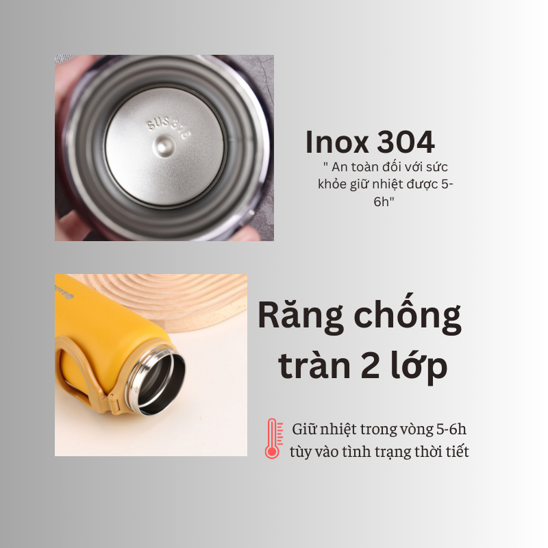 Bình giữ nhiệt inox 304 kèm quai xách 1000/1200/1500ml có quai xách cao su tiện lợi