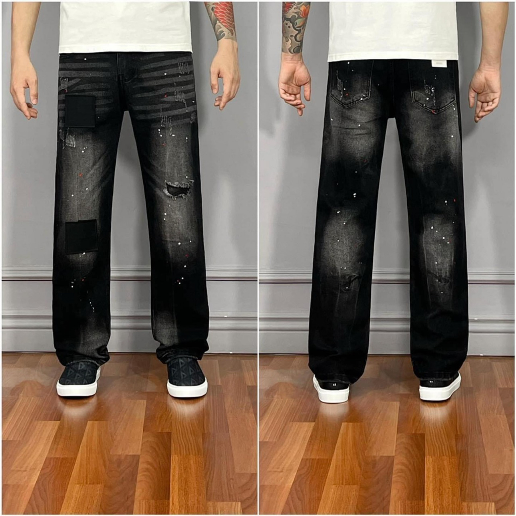 Quần Bò ống suông nam rách vẩy sơn DSQ mẫu mới, Quần jeans nam ống suông cặp thêu chữ Dolce xanh nhạt