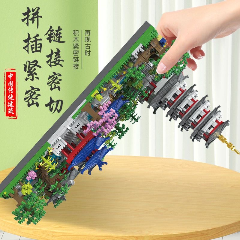 Mô hình kiến trúc Hàng Châu Tây Hồ đồ chơi xếp hình lắp ráp miniblock đồ decor trang trí đặt bàn sách món quà DIY ý ngĩa