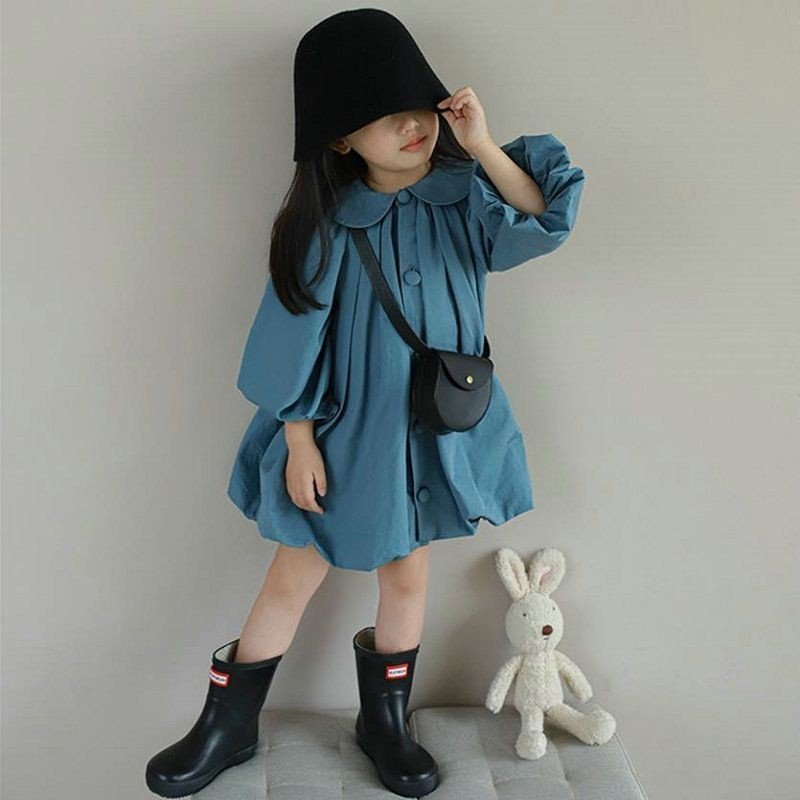 Đầm Công Chúa The Pig , Cổ Búp Bê Thời Trang Hàn Quốc Dài Tay Màu Xanh Lam Cho Bé.Chất Thô Cotton Siêu Mềm Mịn Hai Lớp