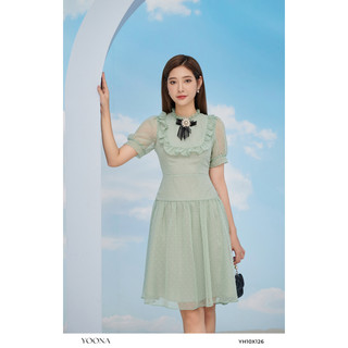 Đầm xòe voan tơ 3D xanh ngọc phối khuy cài YOONA - YH10X126