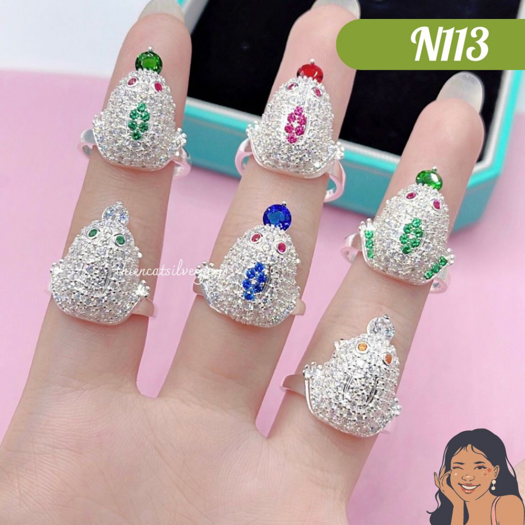 N113 Nhẫn Thiềm Thừ đính đá sắc màu Bạc thật Thiên Cát s950