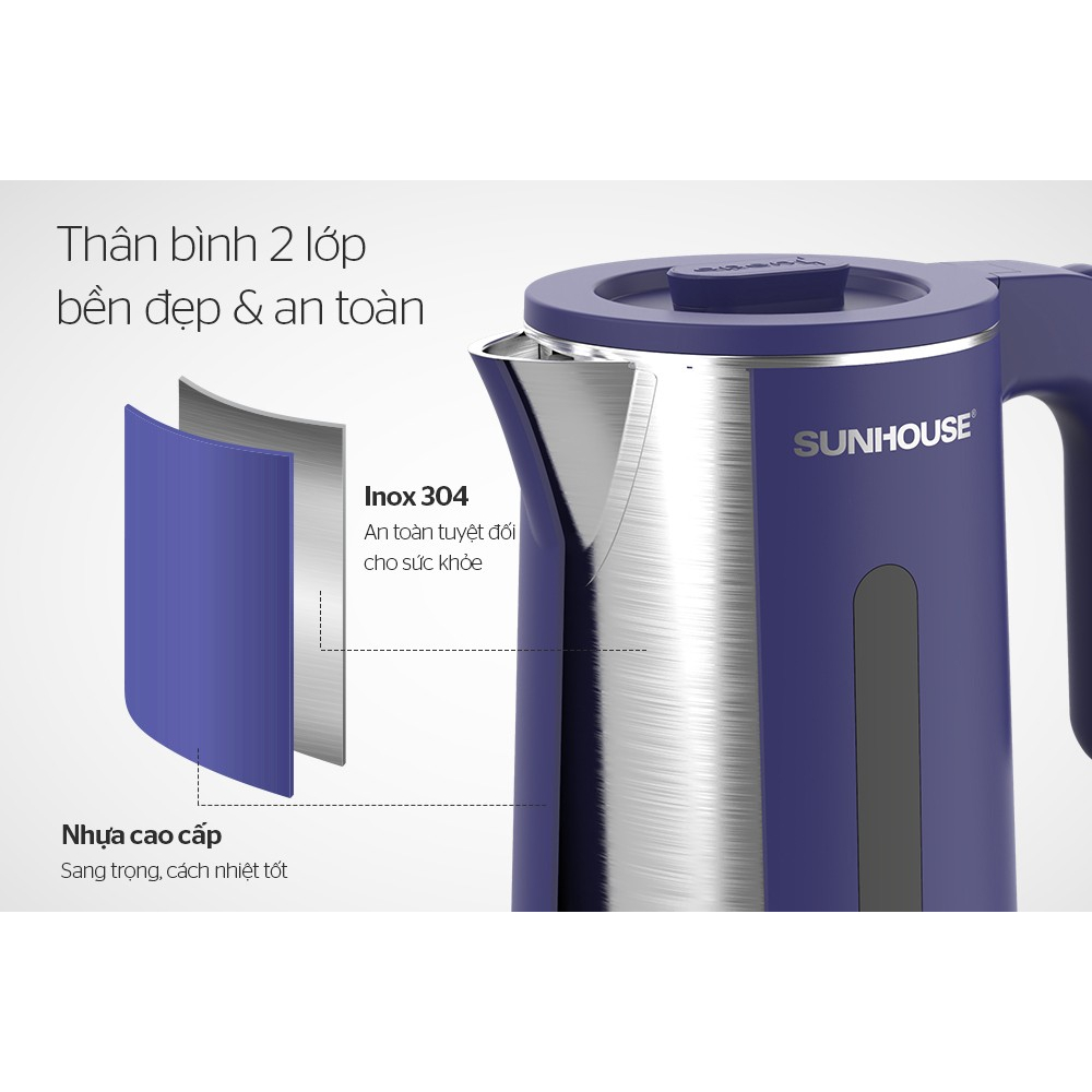 Ấm siêu tốc dung tích 1.8L 2 lớp Inox 304 Sunhouse SHD1351 / 1355