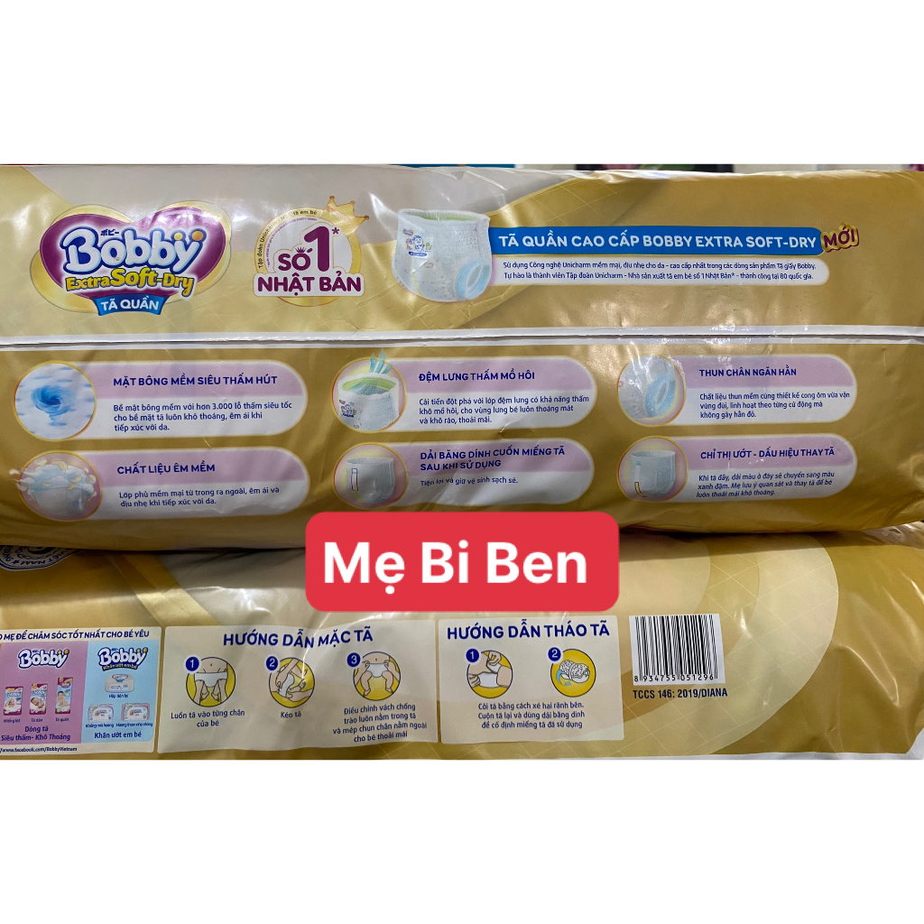 Tã/Bỉm Quần Bobby Extra Soft Dry thun chân ngăn hằn size S66/M60/L52/XL46/XXL42 miếng