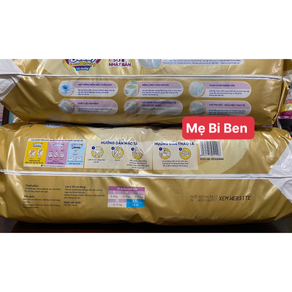 Tã/Bỉm Quần Bobby Extra Soft Dry thun chân ngăn hằn size S66/M60/L52/XL46/XXL42 miếng