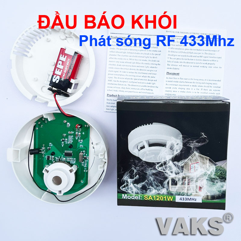 Bộ cảm biến báo động khi có KHÓI, chuông rời không dây - Xuyên tường, xuyên kính - 50m
