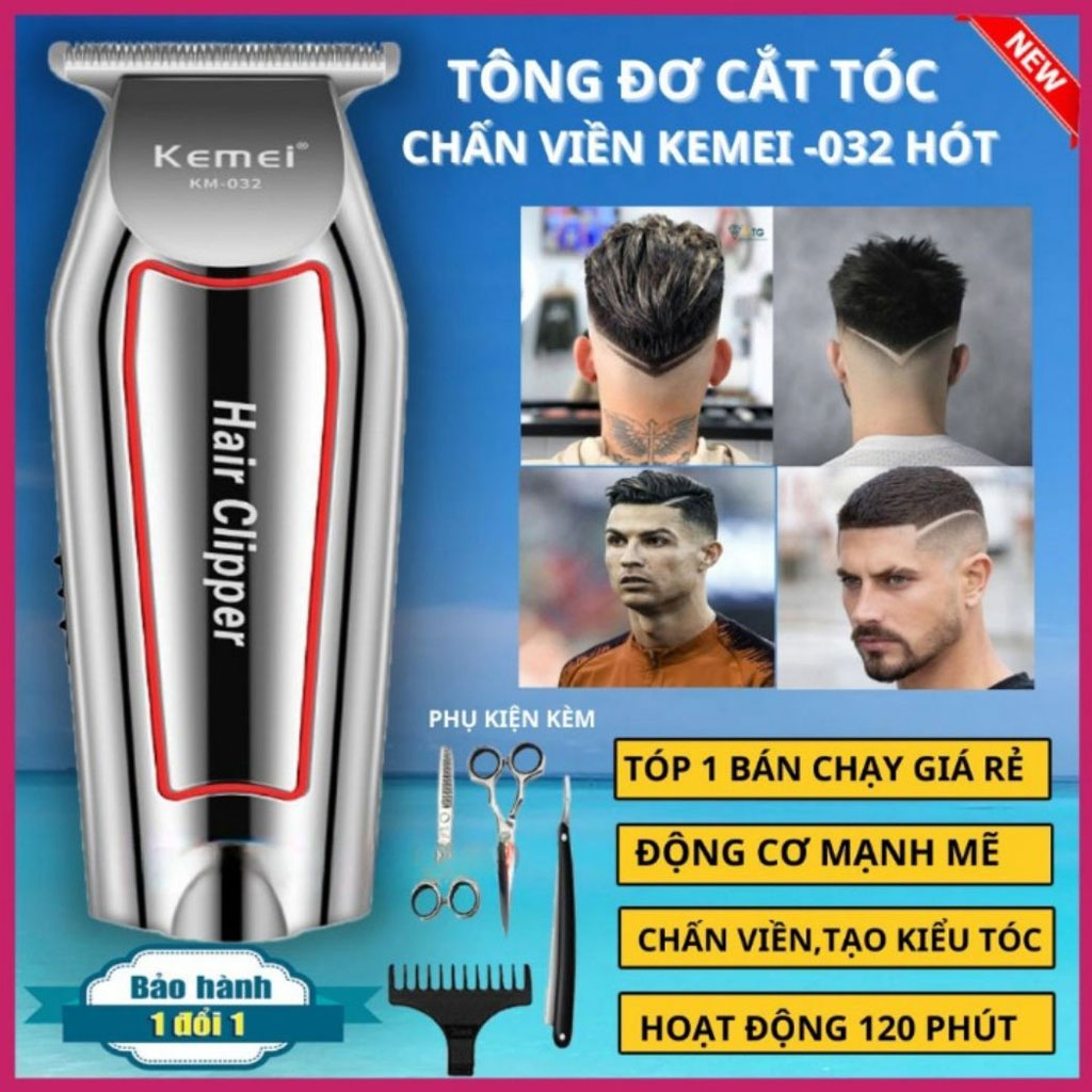 Tông đơ cắt tóc Kemei 032 giá rẻ, Máy cắt tóc chấn viền thiết kế sang trọng cầm đầm tay, Hàng chính hãng