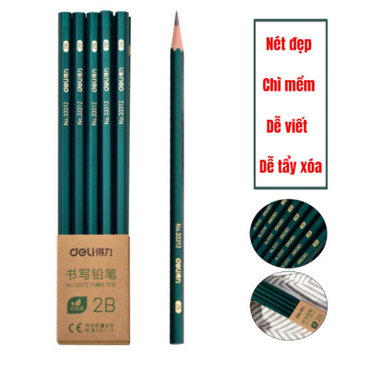 Vỉ 10 Bút Chì Lục Giác Deli - Loại 2B Vẽ Mỹ Thuật, Làm Bài Kiểm Tra Nhạy Với Máy Chấm Thi An Toàn Với Người Sử Dụng