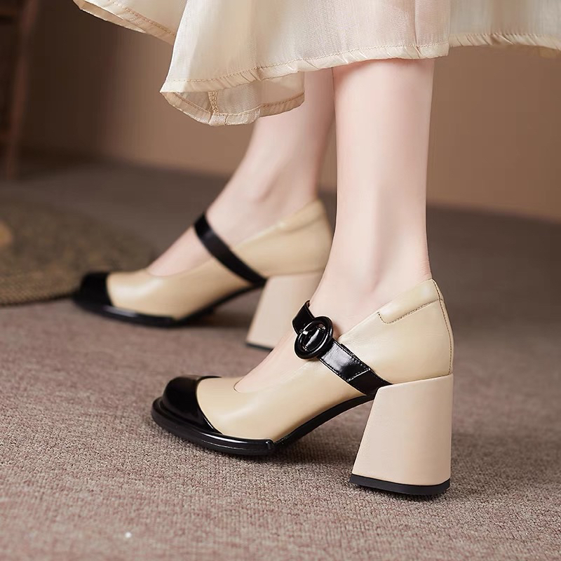 ORDER 🍓 Giày gót trụ mũi phối da bò mềm quai cài 8cm