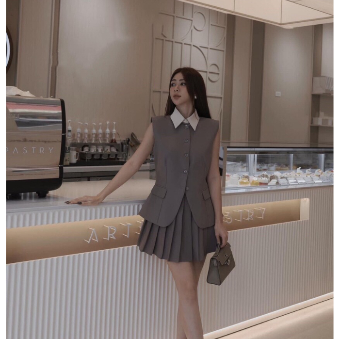 Set đồ nữ áo gile vest kèm chân váy tennis xếp ly, set đồ nữ tiểu thư siêu xinh sang chảnh thiết kế cao cấp