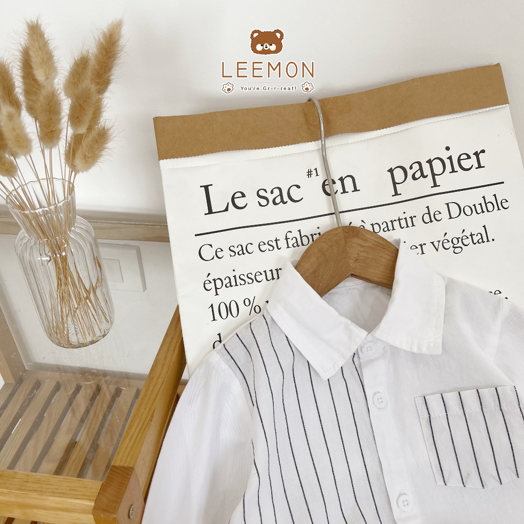 Bộ sơ mi dài tay màu trắng cho bé trai, set sơ mi thô quần kaki dài cho bé Leemon