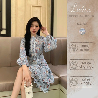 Váy chiết eo ren hoa thêu xanh LeeGi Design phong cách nữ tính thanh lịch