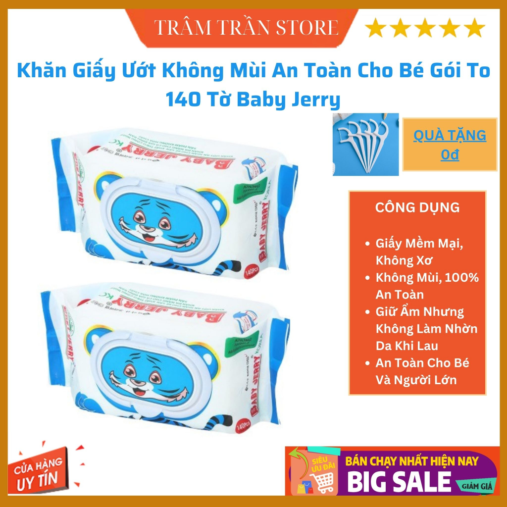 Khăn Giấy Ướt Không Mùi An Toàn Cho Bé Gói To 140 Tờ Baby Jerry [Quà Tặng]