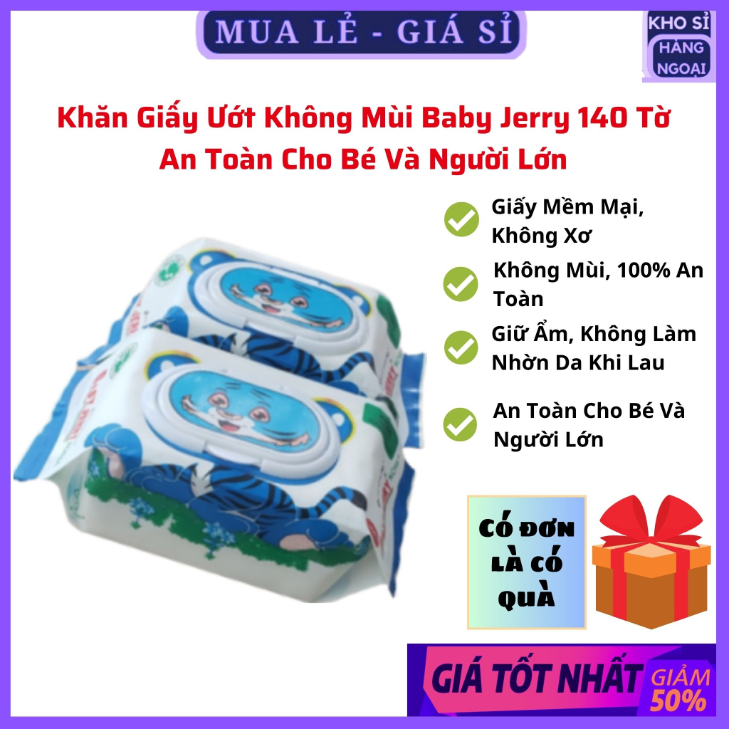 Khăn Giấy Ướt Không Mùi An Toàn Cho Bé Gói To 140 Tờ Baby Jerry