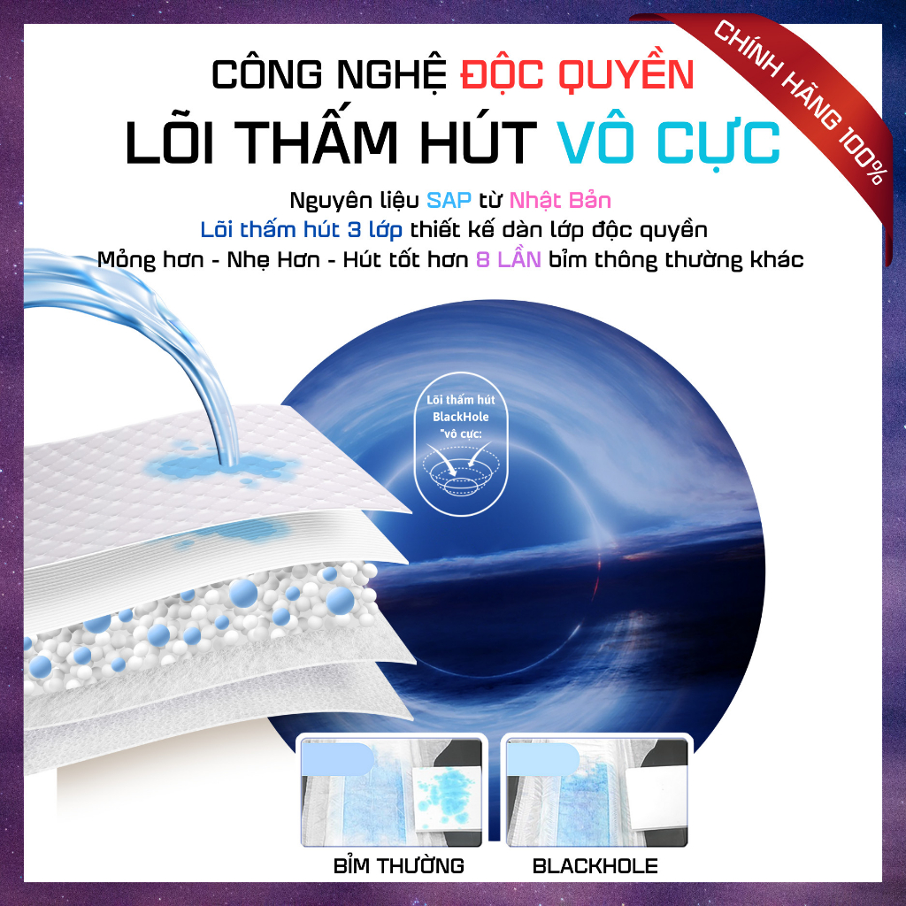 Bỉm Black Hole 3D siêu thấm hút siêu mềm mịn đủ size dán/quần cho bé