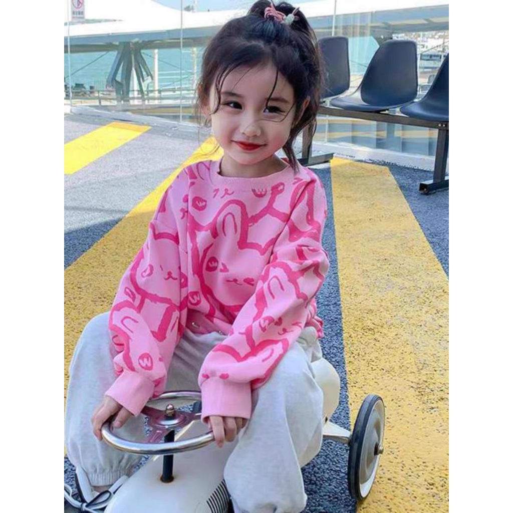 (Hot 2023 - Video) Áo len bé gái 2-8 tuổi họa tiết thỏ hồng đáng yêu phong cách Hàn Quốc cực đẹp