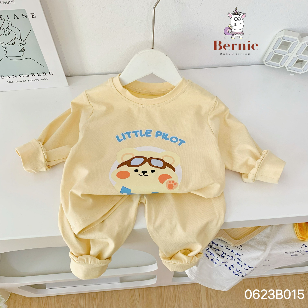 Bộ thu đông dài tay unisex cho bé, bộ thun cotton mềm mịn dài tay hoạ tiết hoạt hình Bernie