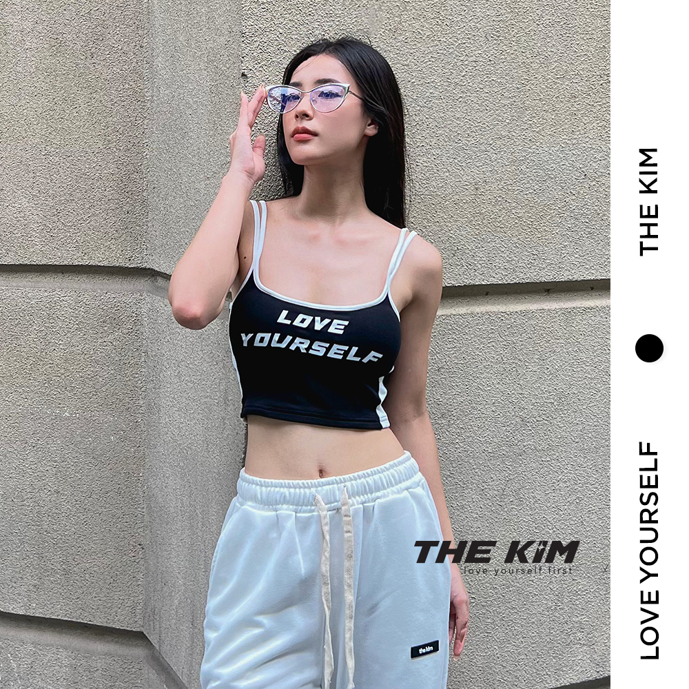 Áo croptop 2 dây The Kim - Love Yourself có mút ngực cao cấp, áo thun 2 dây cotton hai lớp A214