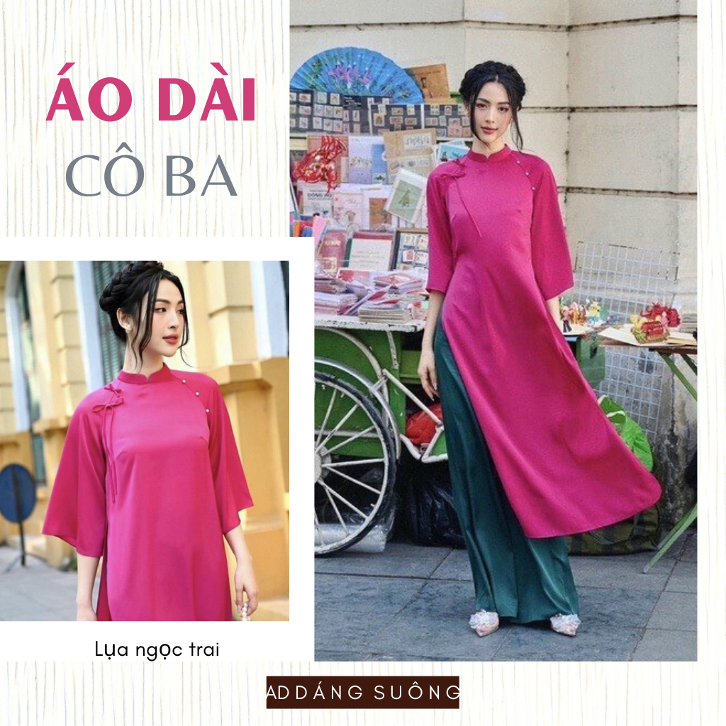 Áo dài cách tân dáng suông xưa 2 tà lụa ngọc trai màu hồng sen tay lỡ