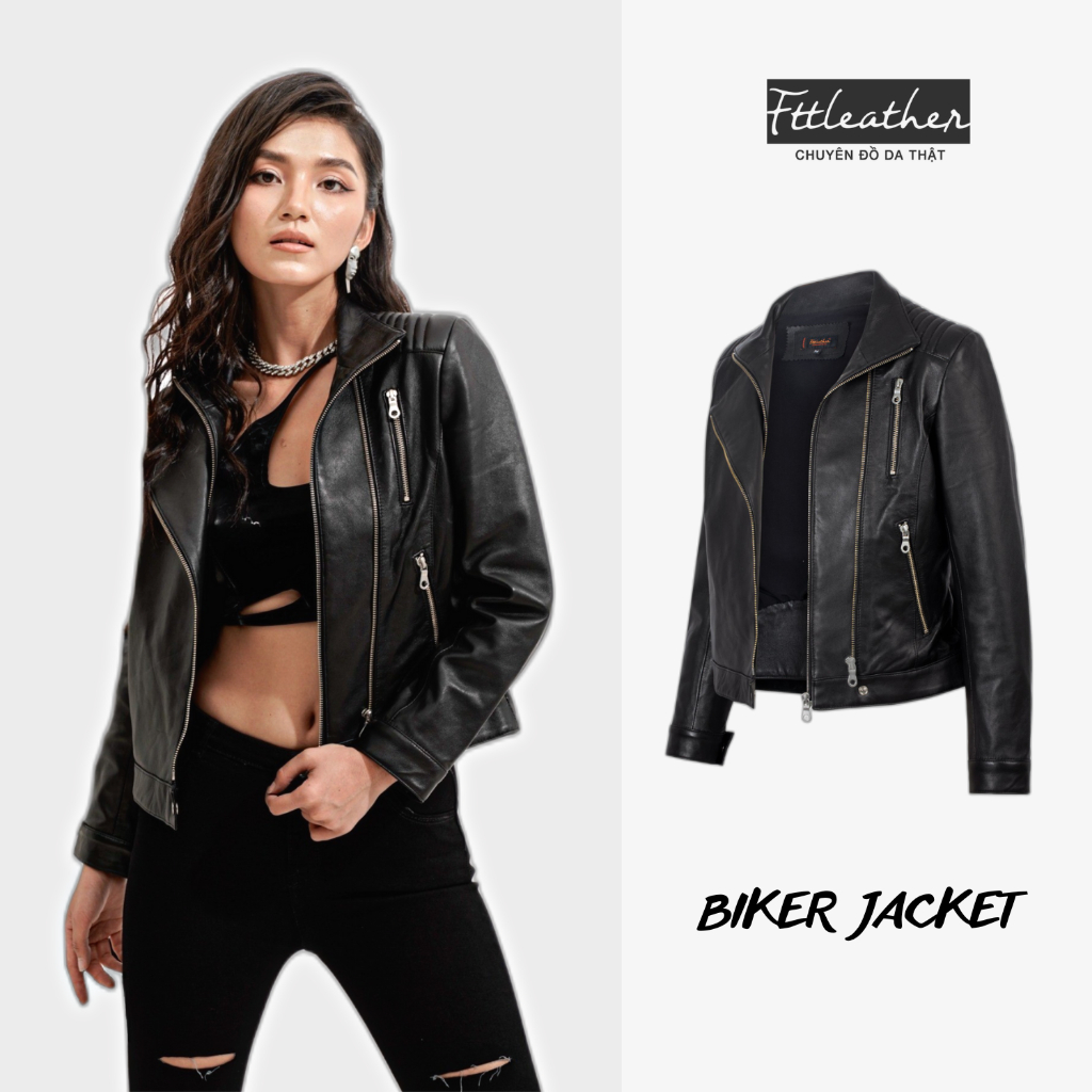 Áo Da Nữ FTT Leather Biker Jacket Khóa Kép Phối Gân Vai Da Cừu, Da Bò Trẻ Trung, Cá Tính AN305