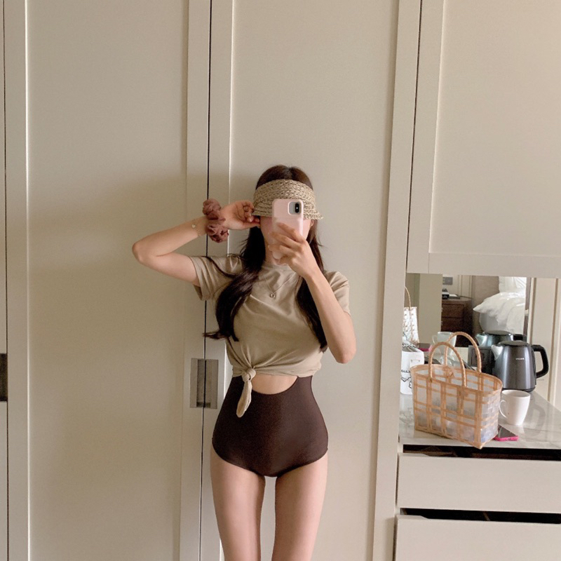 Đồ bơi nữ , bikini 2 mảnh liền thân áo buộc eo nâu sữa